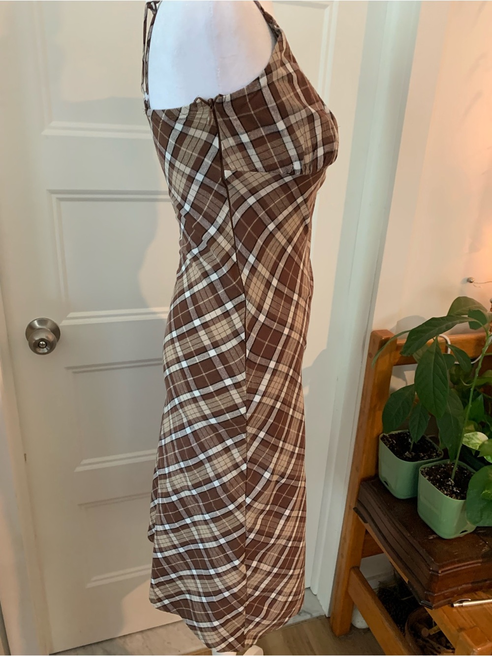 Women's light cotton Brown Plaid Slip Dress with Spaghetti Straps - Picture 2 of 3